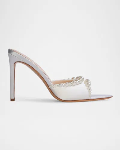 Black Suede Studio Satin Pearly Stud Mule Sandals In White Satin, Pearl Ornament