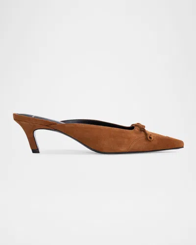 Black Suede Studio Suede Bow Wing-tip Mule Pumps In Tobacco Suede