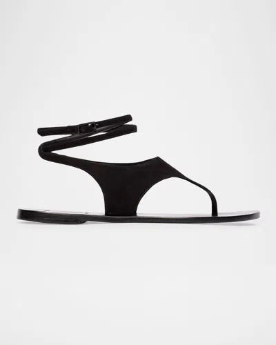 Black Suede Studio Suede Thong Flat Ankle-strap Sandals In Black Suede