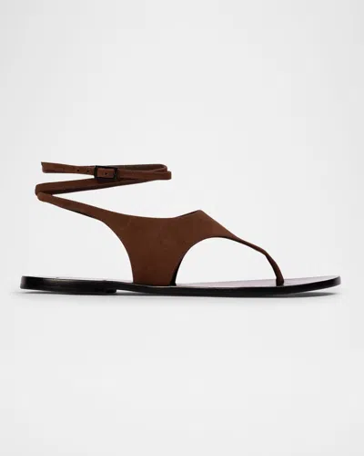 Black Suede Studio Suede Thong Flat Ankle-strap Sandals In Brown Suede