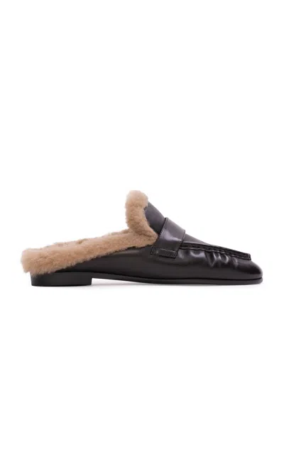 BLACK SUEDE STUDIO THEO SHEARLING LOAFER MULES