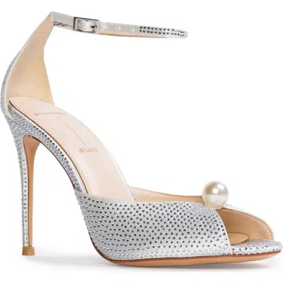 Black Suede Studio Veda Ankle Strap Peep Toe Sandal In White Satin