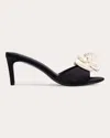 Black Suede Studio Josey Metallic Satin Rosette Mule Sandals In Black Satin/coconut Rosette