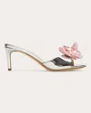Black Suede Studio Josey Metallic Satin Rosette Mule Sandals In Silver Mirror Metallic/lotus Satin Flower
