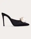 Black Suede Studio Luv Crystal Stud Mule Pumps In Black Satin/coconut Rosette