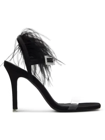 Black Suede Studio Women's Trinity Ostrich Feather Trim Sandals In Black Satin