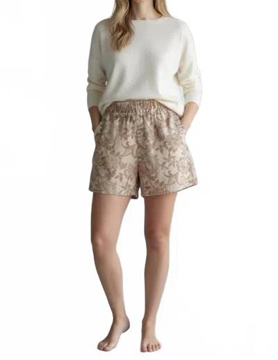 Black Tape Floral Elastic Waist Shorts In Cream And Beige In Neutral