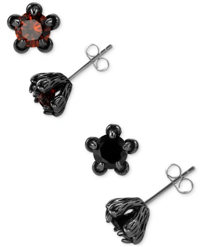 Blackjack 2-pc. Set Men's Black & Red Cubic Zirconia Star-set Stud Earrings In Black Ion-plated Stainless Stee