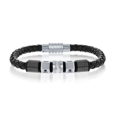 Blackjack Black & Silver Stainless Steel W/ Black Cz Genuine Leather Bracelet