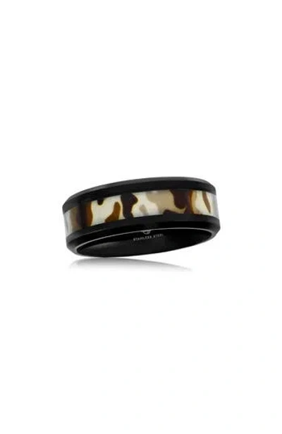 Blackjack Camouflage Black Stainless Steel Band Ring In Black/brown
