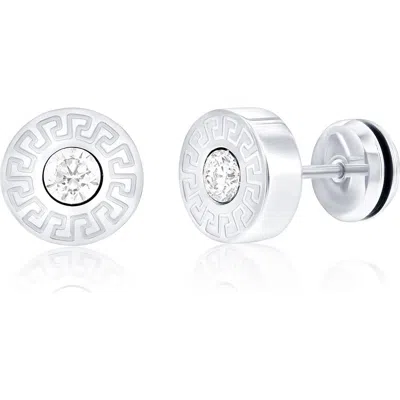 Blackjack Cubic Zirconia Greek Key Round Stud Earrings In Silver