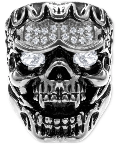 Blackjack Cubic Zirconia Ornately Detailed Skull Statement Ring In Black,steel
