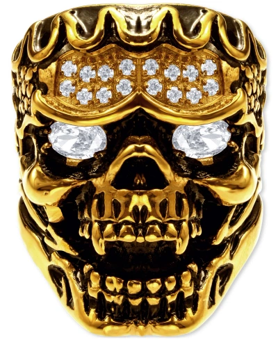 Blackjack Cubic Zirconia Ornately Detailed Skull Statement Ring In Gold-tone,black