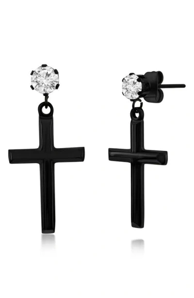 Blackjack Stainless Steel & Cz Cross Drop Earrings In Black