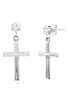 Blackjack Stainless Steel & Cz Cross Drop Earrings In Silver