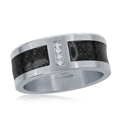 Blackjack Stainless Steel Black Carbon Fiber Cz Ring