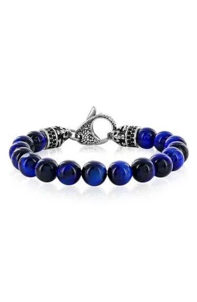 Blackjack Stainless Steel Blue Tiger's Eye Beaded Bracelet In Blue Tiger Eye