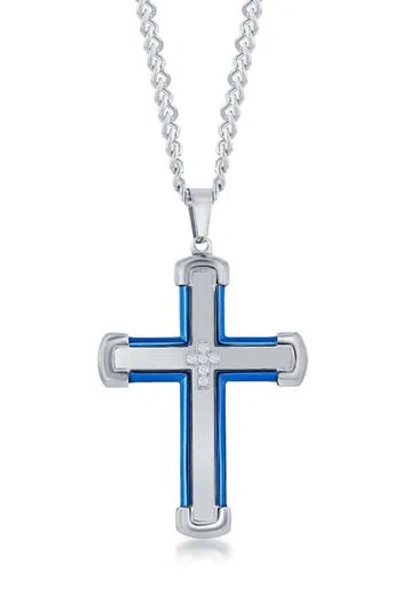 Blackjack Stainless Steel Cubic Zirconia Cross Necklace In Blue/silver