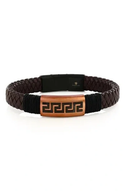 Blackjack Stainless Steel Greek Key Woven Leather Bracelet
