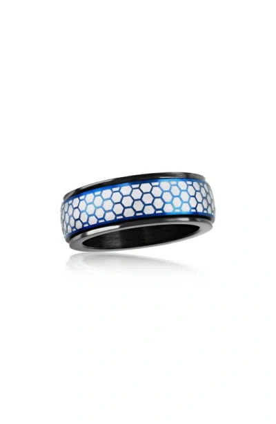Blackjack Stainless Steel Honeycomb Spinner Ring In Blue Silver