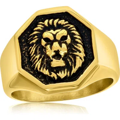 Blackjack Stainless Steel Lion Signet Ring In Gold