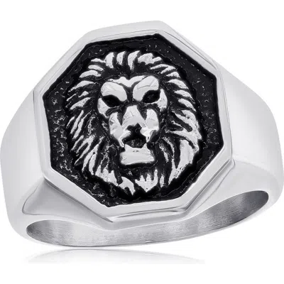 Blackjack Stainless Steel Lion Signet Ring In Oxidized Stainless