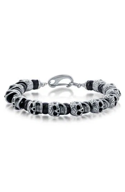 Blackjack Stainless Steel Onyx Skull Beaded Bracelet In Black/silver