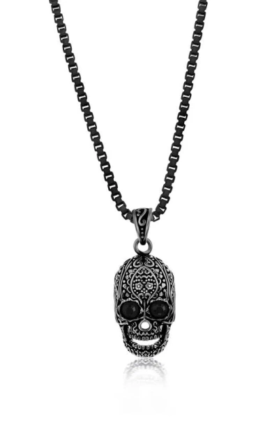 Blackjack Stainless Steel Oxidized Skull Pendant Necklace In Black