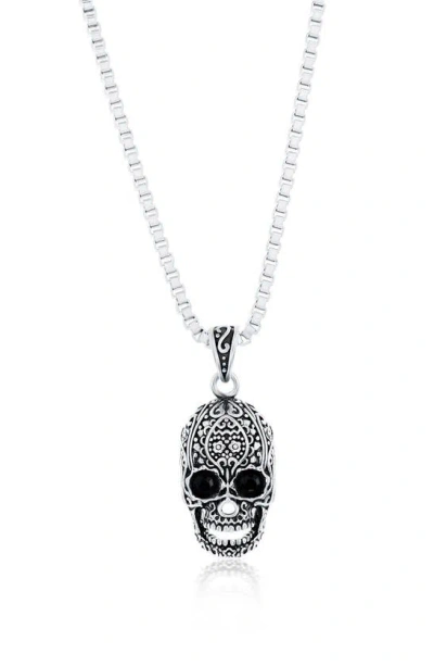 Blackjack Stainless Steel Oxidized Skull Pendant Necklace In Silver