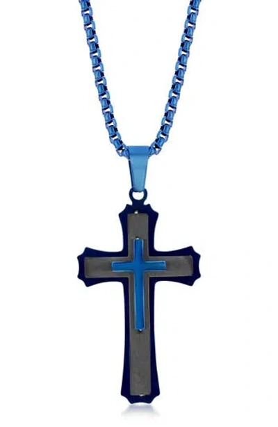 Blackjack Two-tone Stainless Steel Cross Pendant Necklace In Blue