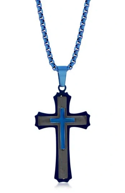 Blackjack Two-tone Stainless Steel Cross Pendant Necklace In Black/blue