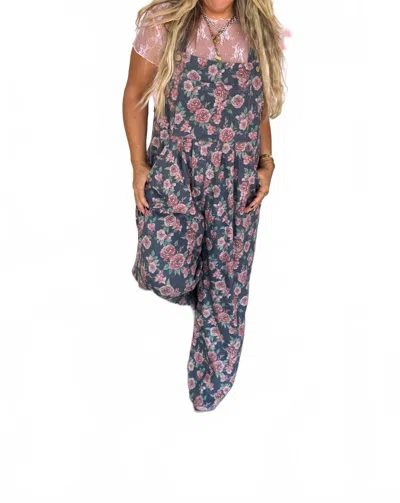 Blakeley Cassidy Denim Overalls In Pink Floral Ditsy In Blue