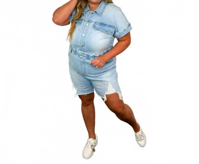 Blakeley Dreams You See Cotton Blend Short Sleeve Romper In Denim In Blue