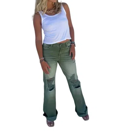 Blakeley Flared Distressed Jeans In Olive In Green