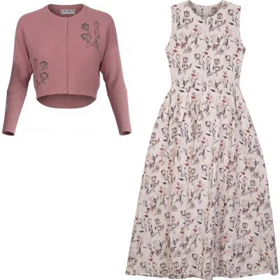 Blanc Et Noir Embroidered Cotton Cardigan And Pleated Dress 2-piece Set In Brown