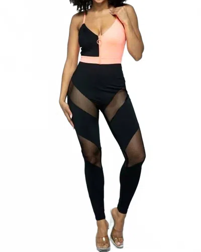 Blanc Keep'em Staring Spaghetti Strap Fish Net Combo Jumpsuit In Black/neon Coral