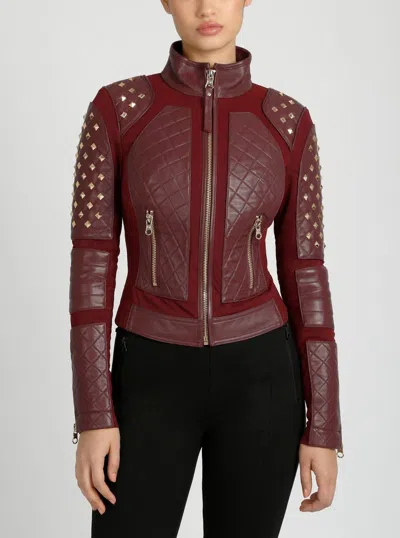 Blanc Noir Pyramid Stud Mesh Genuine Leather Moto Jacket In Oxblood Red In Multi