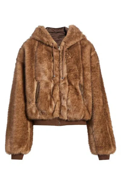 Blanc Noir Tawny Quilted Faux Fur Reversible Zip Hoodie In Brown