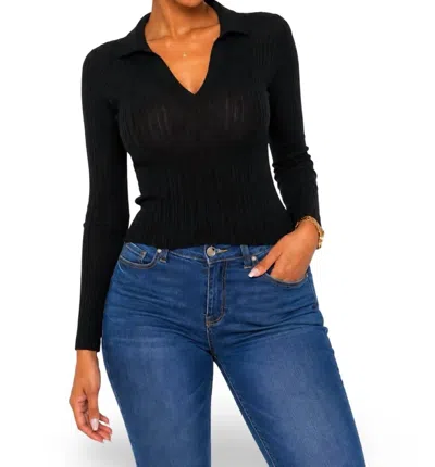 Blanc Trish Thick Ribbed Mesh Long Sleeve Deep V Cut Top In Black