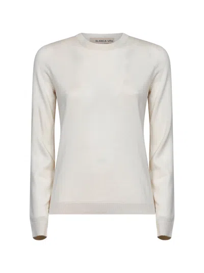 Blanca Vita Beige Lightweight Virgin Wool Crewneck Sweater In White