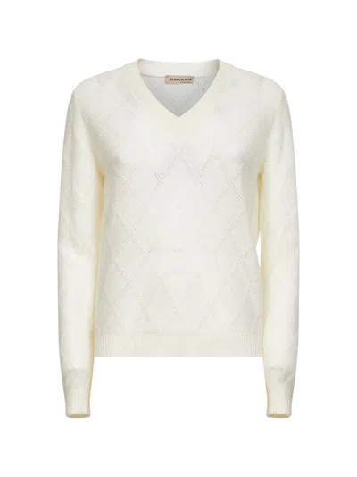Blanca Vita Beige Openwork Diamond-stitch Knit Cashmere Sweater In White