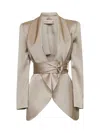 Blanca Vita Beige Satin Grea Blazer With Sash At Waist