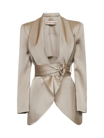 Blanca Vita Beige Satin Grea Blazer With Sash At Waist