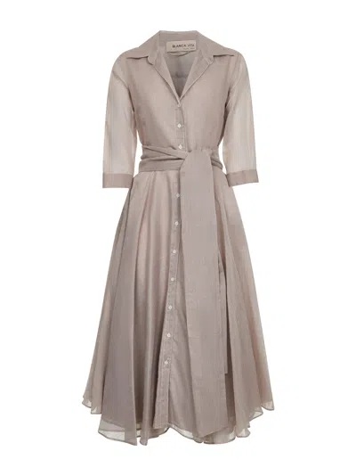 Blanca Vita Beige Striped Cotton And Silk Allia Midi Shirt Dress