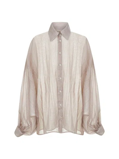 Blanca Vita Beige Striped Cotton And Silk Voile Cucumber Shirt
