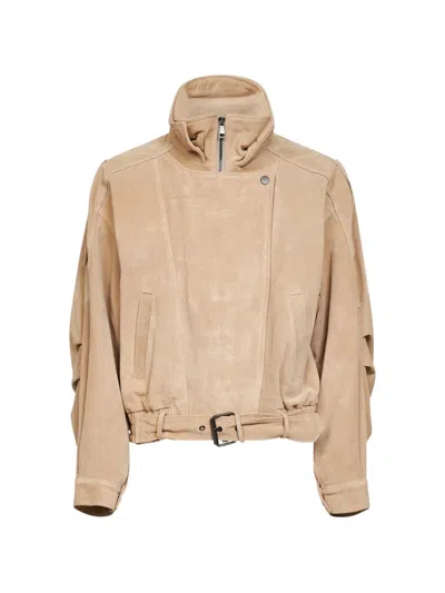 Blanca Vita Sand Suede Belted Biker Jacket In Neutral