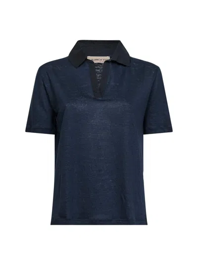 Blanca Vita Blue Linen Short-sleeved Polo Shirt
