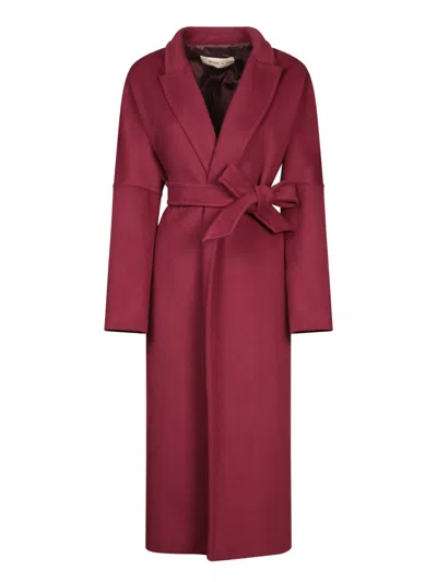 Blanca Vita Bordeaux Belted Long Wool Blend Coat In Burgundy