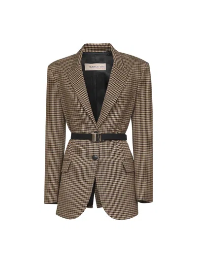 Blanca Vita Brown Houndstooth Gasteria Belted Blazer In Multi