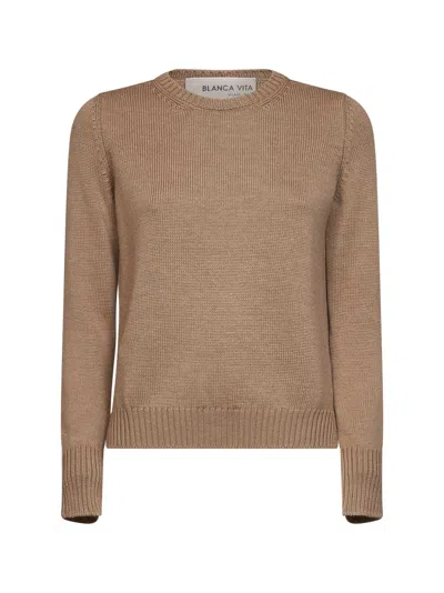 Blanca Vita Camel Virgin Wool Knit Crewneck Sweater In Brown